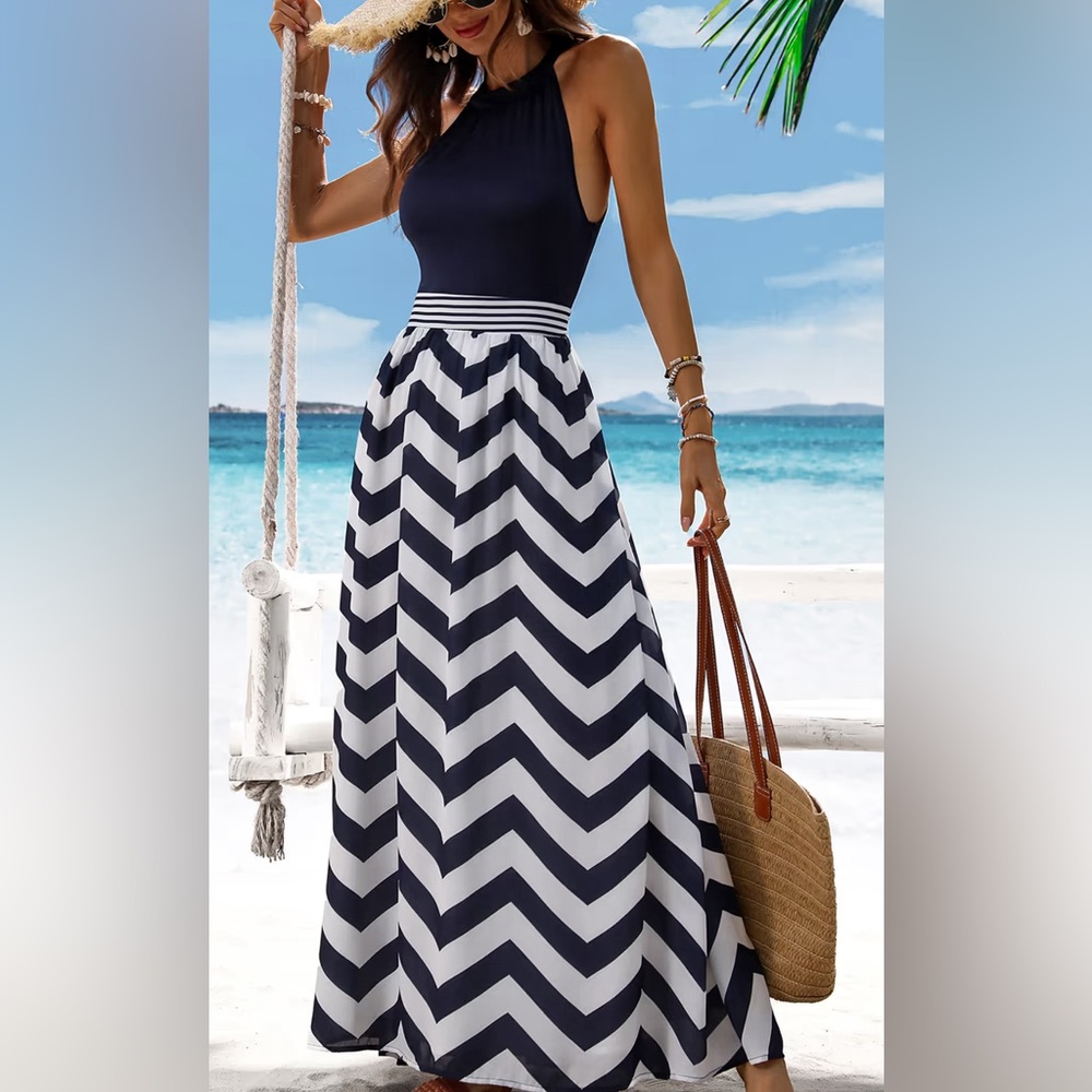 Navy and White Chevron Maxi Dress